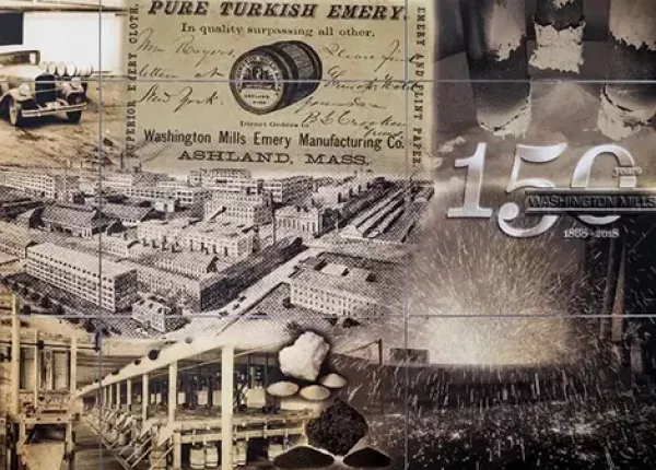 A collage design featuring sepia pictures if Washington Mills' more than 150-year history.