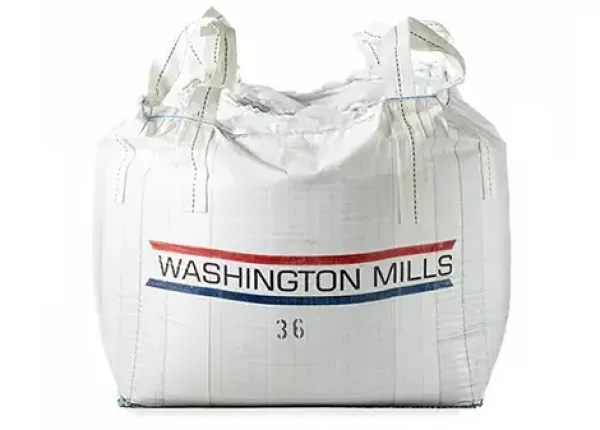 A white supersack stamped with a Washington Mills color logo